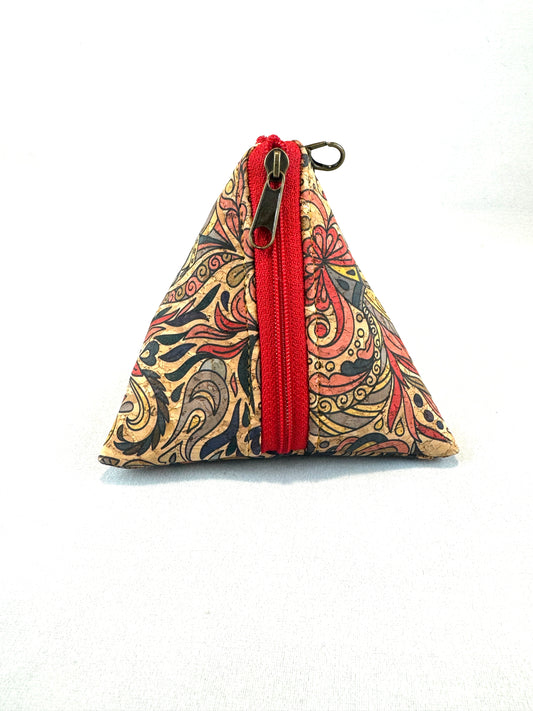 trinangle pouch, cork fabric, print, red, zipper pouch, small , accessory
