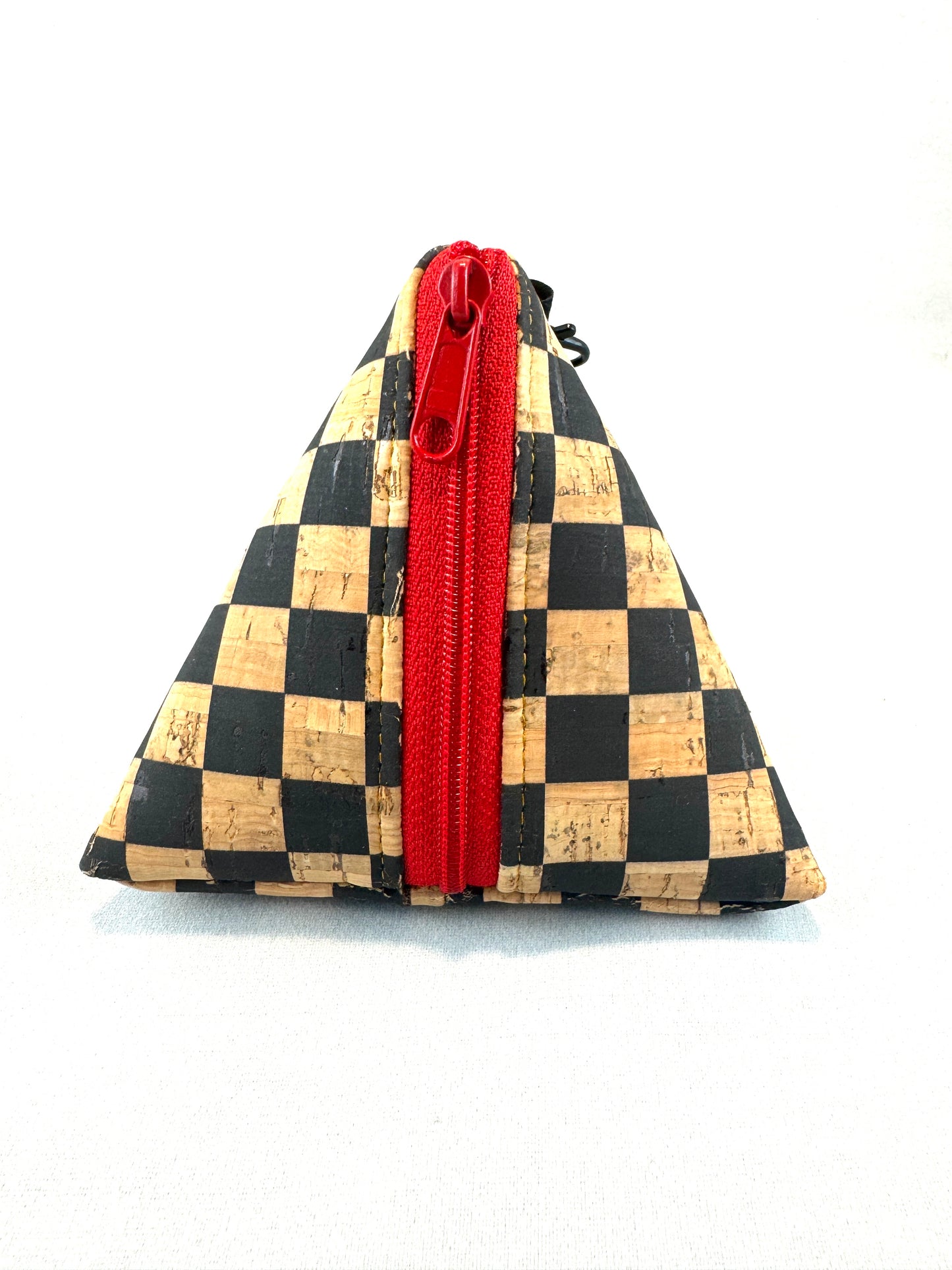 trinangle pouch, cork fabric, zipper pouch, small , accessory, checkered, black, natural