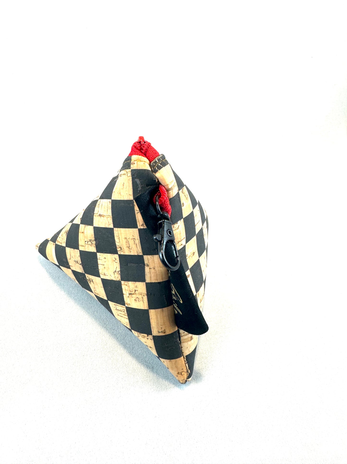 trinangle pouch, cork fabric,  zipper pouch, small , accessory,  checkered, black, natural 