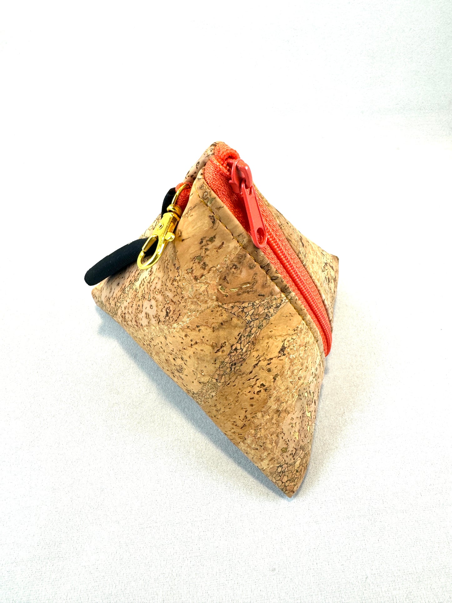 trinangle pouch, cork fabric,  zipper pouch, small , accessory,  natural, gold