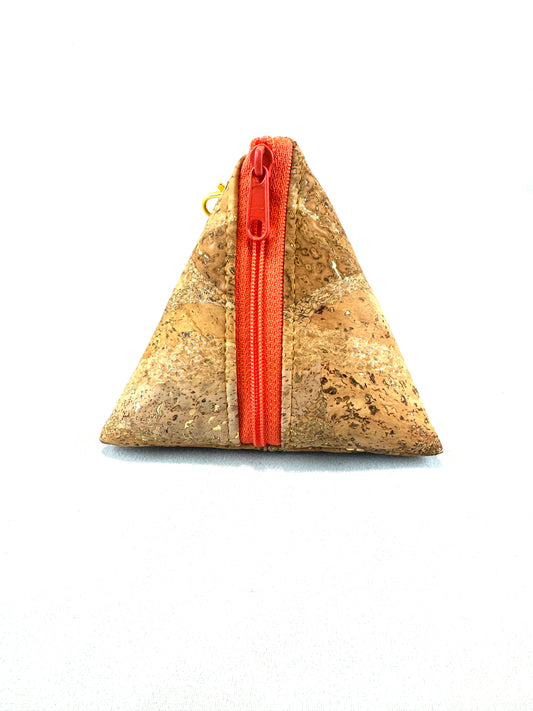 trinangle pouch, cork fabric,  zipper pouch, small , accessory,  natural, gold