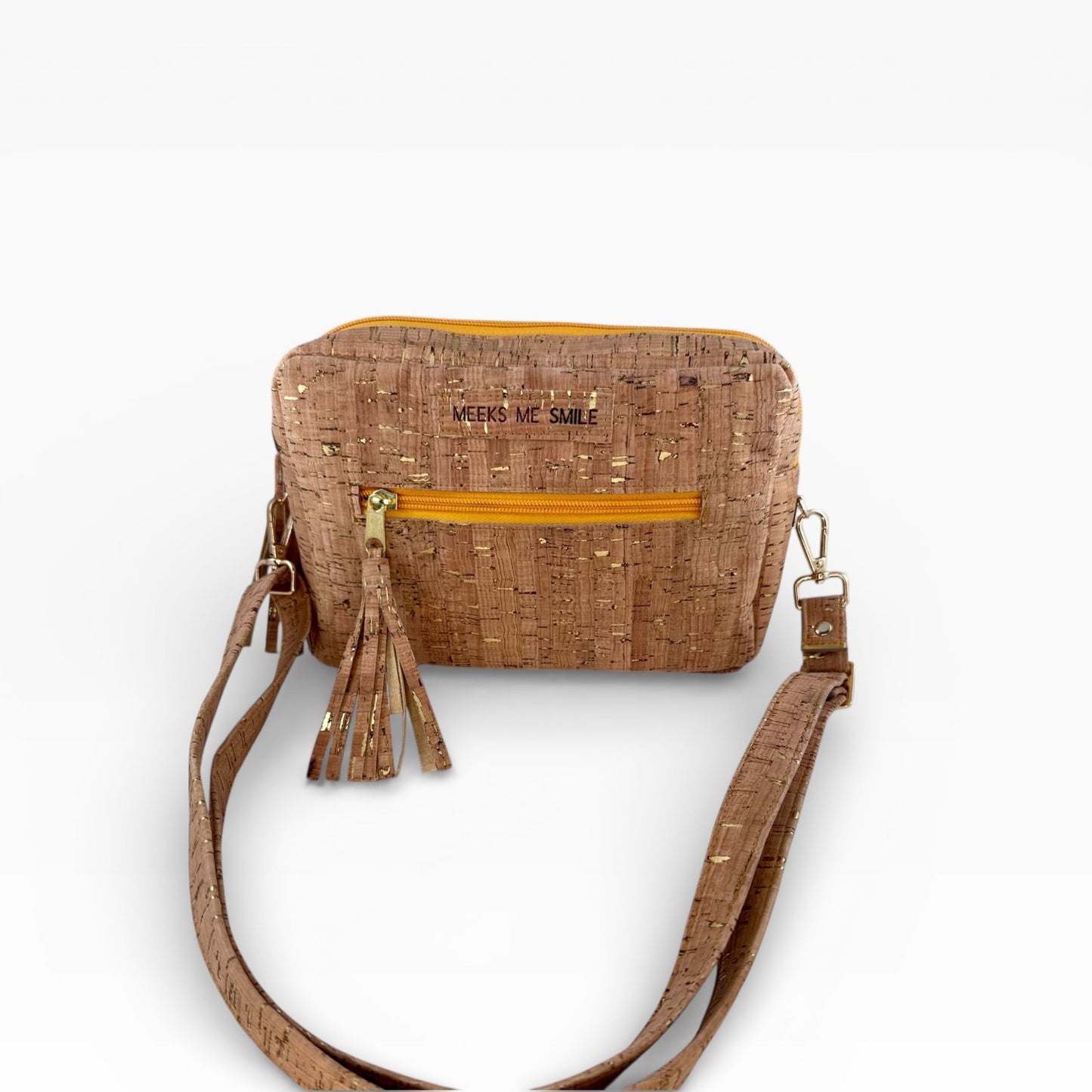 Cork handbag with a strap on a white background