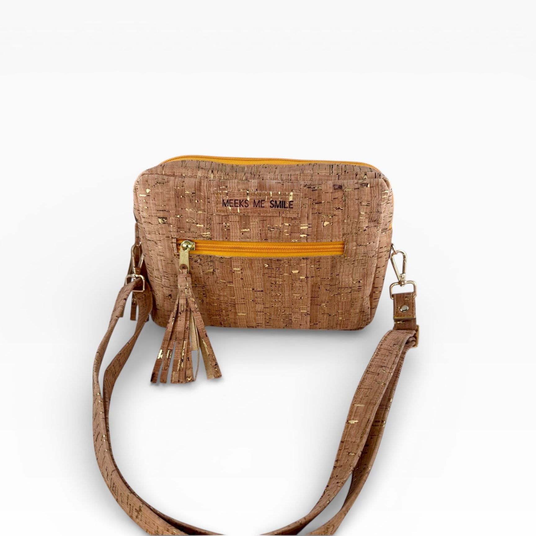 Cork handbag with a strap on a white background