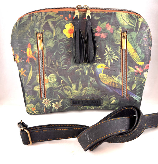 Handmade vegan cork handbag with green and black bird print