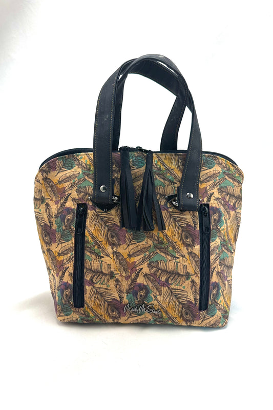 handbag with feather print and black handles